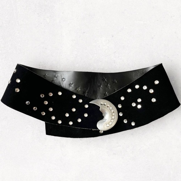 Susan Hyman Vintage Black Suede Belt Wide Studded Half Moon Buckle 80s Statement - Picture 4 of 15